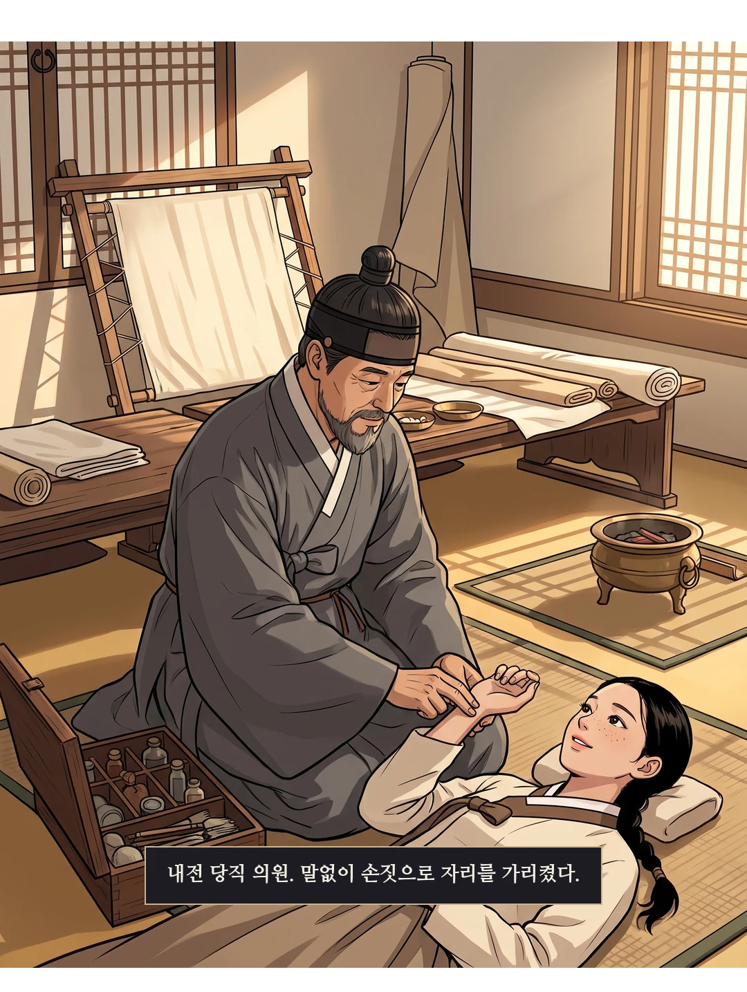 (손) 함 속의 쌈지. 연화의 손은 무릎 위에서 움직이지 않는다. — 연화는 쌈지에 손대지 않았다.