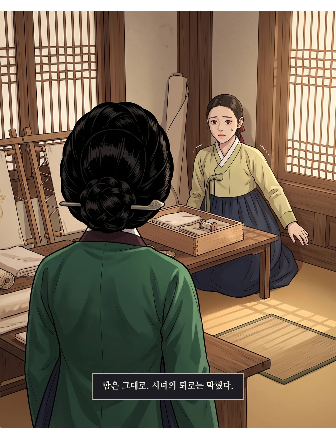한 시간 뒤. 접견 별채. 닫힌 문. — 한 시간 뒤. 접견 별채. 초동 보고를 들은 대비가 결정한다.