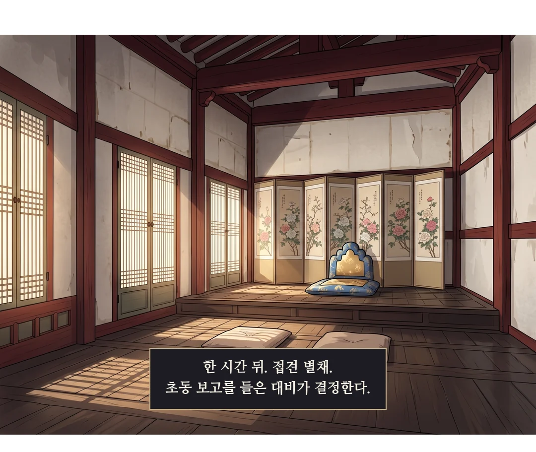 대비 무응답. 얼굴을 돌리지 않는다. — 대비는 대답하지 않았다. 그것이 대답이었다.