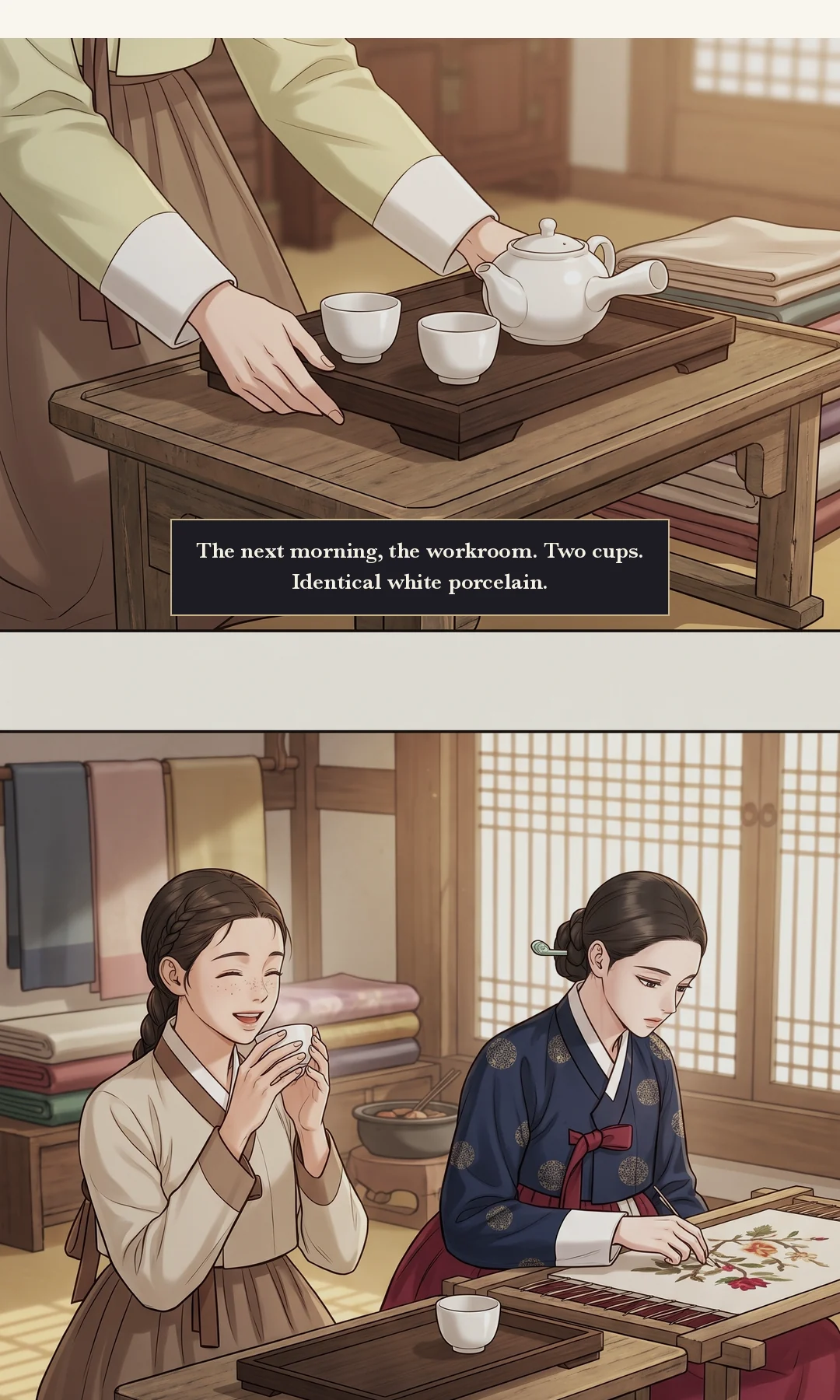 (hands) The workroom the next morning. A tea tray — two identical white porcelain cups. The serving girl's hands set the tray down. / Sol-i picks up her own cup as usual. Yeonhwa has her hands on the embroidery, so her cup stays where it is. — The next morning, the workroom. Two cups. Identical white porcelain. Sol-i drank hers as she always did. Yeonhwa's cup was untouched.