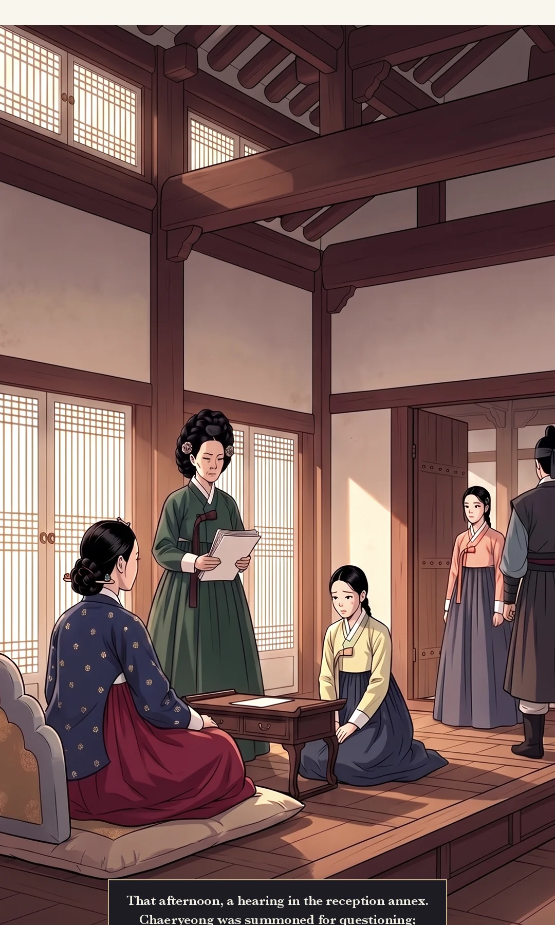 Yeonhwa asks the girl about the tea order and the order to harm as two separate things. Cold anger — slow, one word at a time. — Yeonhwa: "She told you to bring the tea. Did she tell you to put something in it?" The two must be asked separately. They divide into two people giving orders.