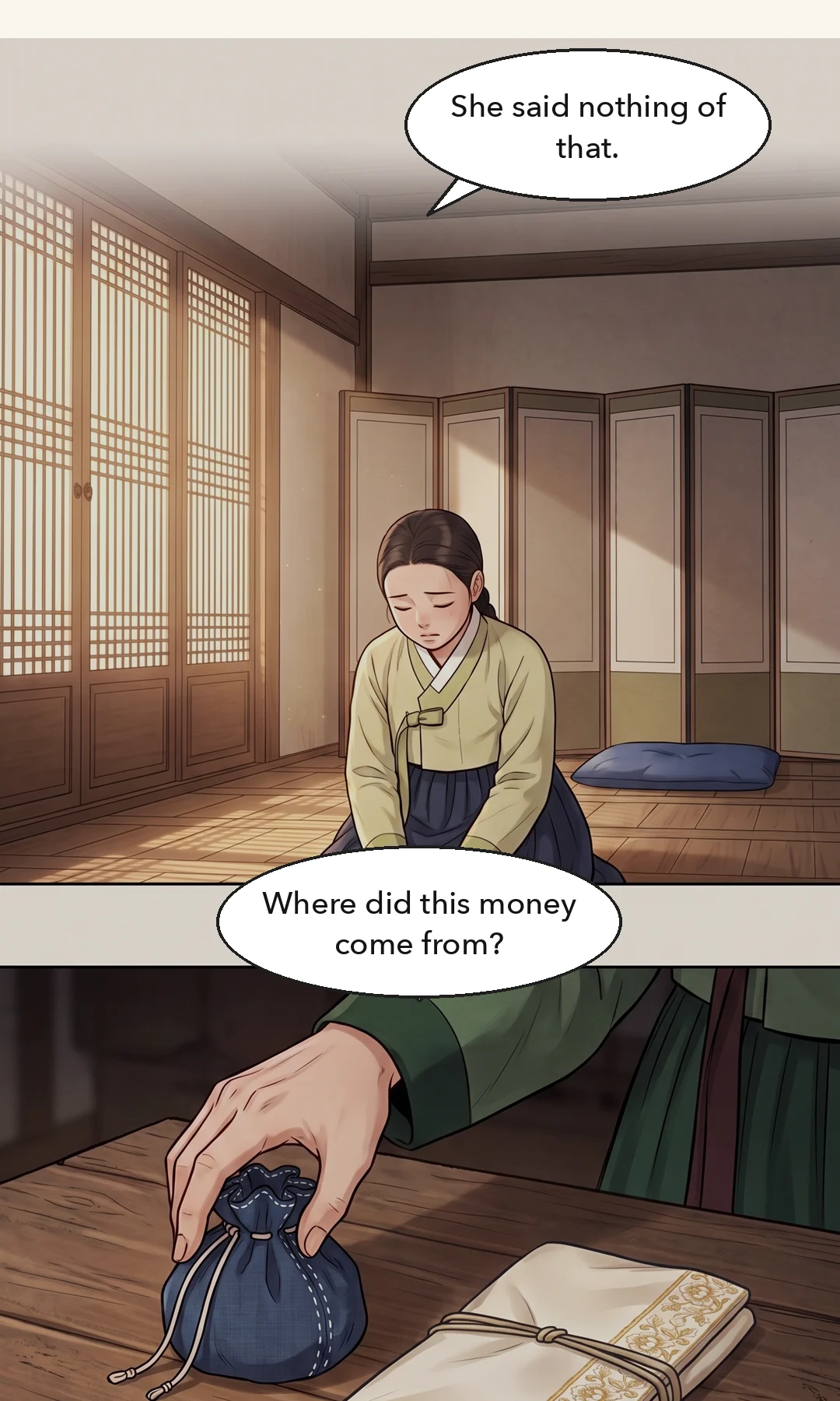 Yeonhwa to Chaeryeong. Cold anger — low and slow. A grain of dry laughter on the second sentence. — Yeonhwa: "You cut this cloth out of your dowry. It is Mother's embroidery."