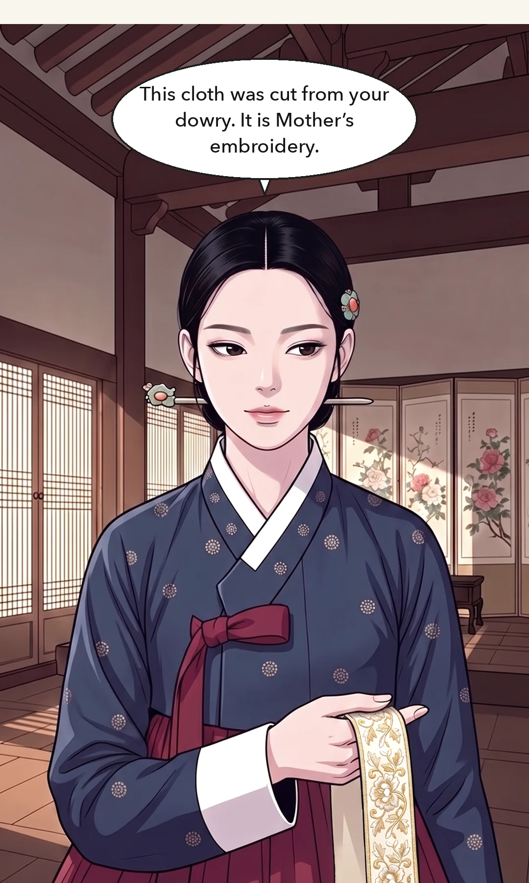 Yi Heon to Yeonhwa. Low and warm. The second sentence is almost a smile. / (new) Yeonhwa rising — already turned toward the door. — Yi Heon: "The confinement is lifted. Go to Sol-i."
