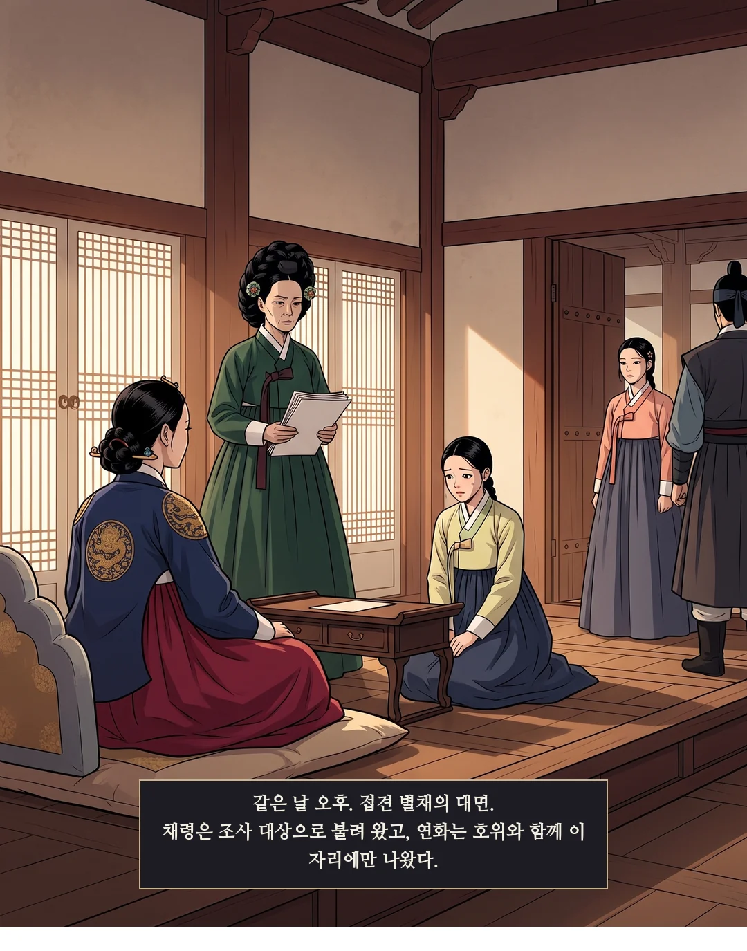 같은 날 오후. 접견 별채 대면. 상 앞에 무릎 꿇은 시녀, 맞은편의 연화, 목록을 든 상궁, 호위 곁의 채령. — 같은 날 오후. 접견 별채의 대면. 채령은 조사 대상으로 불려 왔고, 연화는 호위와 함께 이 자리에만 나왔다.