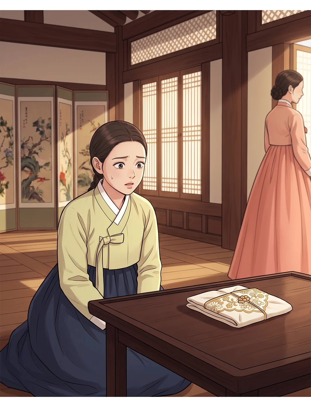 (손) 연화의 손이 쌈지로 간다. 말 없음. — 17화에서 만지지 않았던 것을, 이제 연화가 처음 만진다.