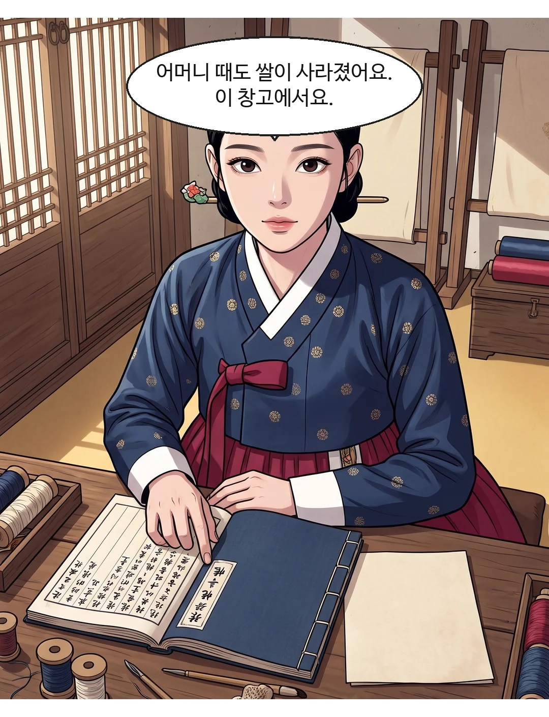 연화가 이헌에게. 담담, 낮게 — 종이를 짚으며. — 연화 "어머니 때도 쌀이 사라졌어요. 이 창고에서요."