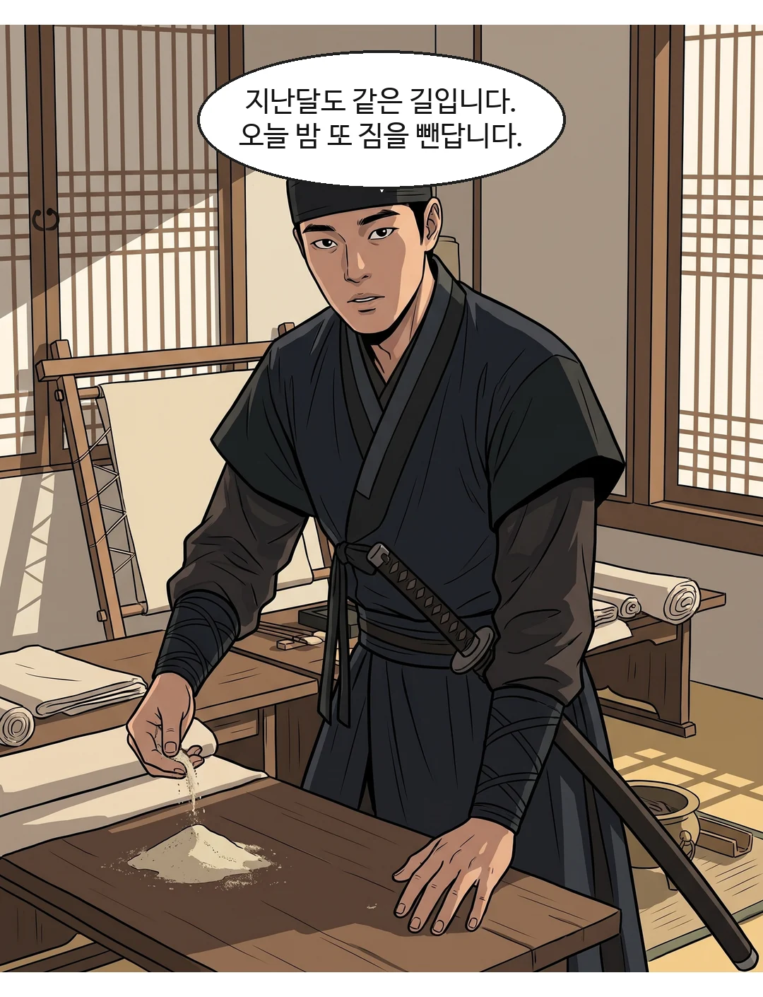 무영이 그 모래를 손가락으로 비벼 본다. 군인 — 짧고 명확하게. — 무영 "지난달도 같은 길입니다. 오늘 밤 또 짐을 뺀답니다."