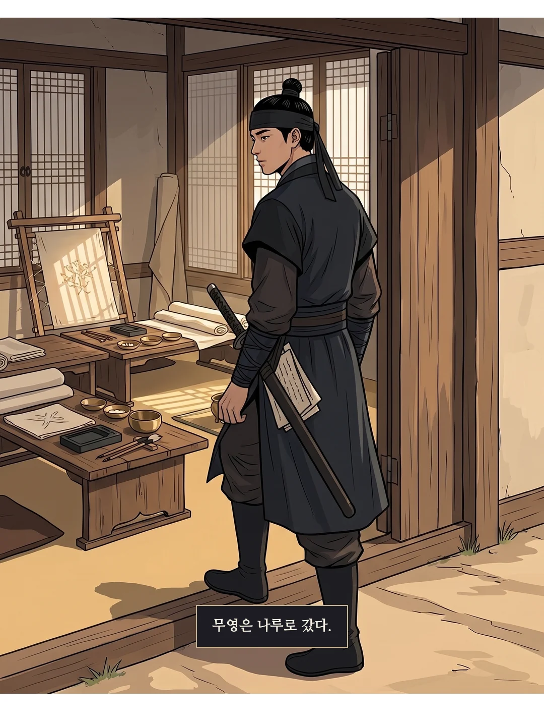 (신규) 문을 열고 나가는 무영. 낮의 빛. — 무영은 나루로 갔다.