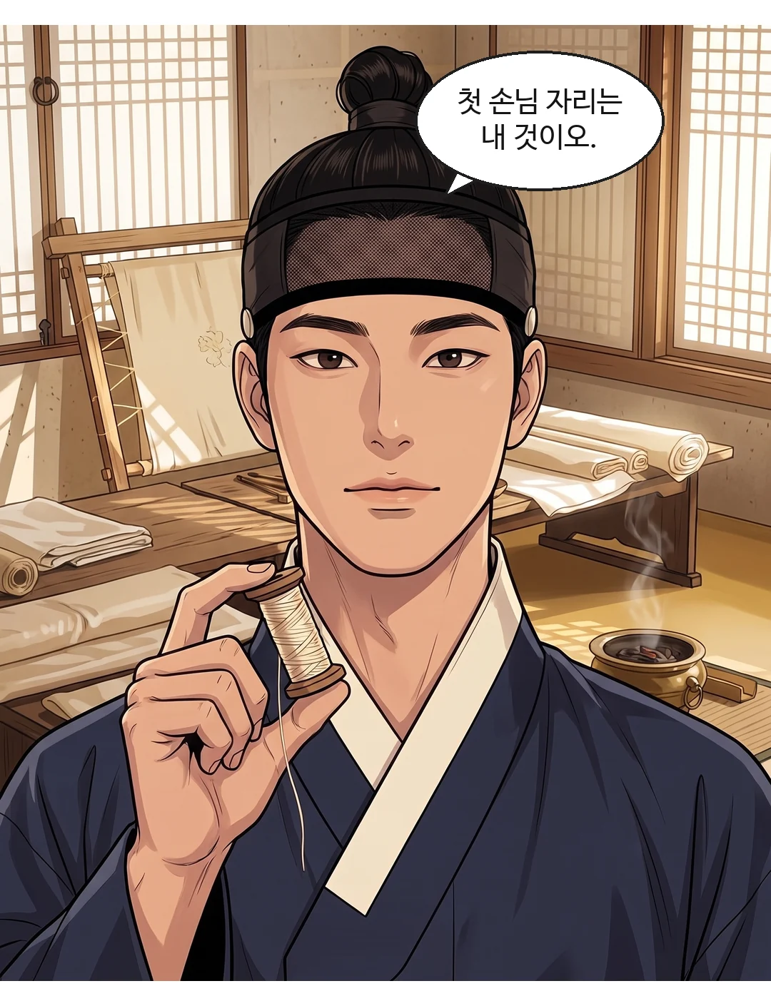 이헌. 서툰 웃음 — 진지한 얼굴로. — 이헌 "첫 손님 자리는 내 것이오."