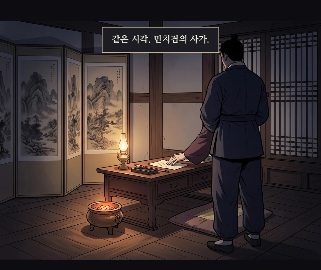 HARD CUT. 민치겸 사가, 밤. 서안의 편지. 심복(뒷모습)이 서 있다. — 같은 시각. 민치겸의 사가.