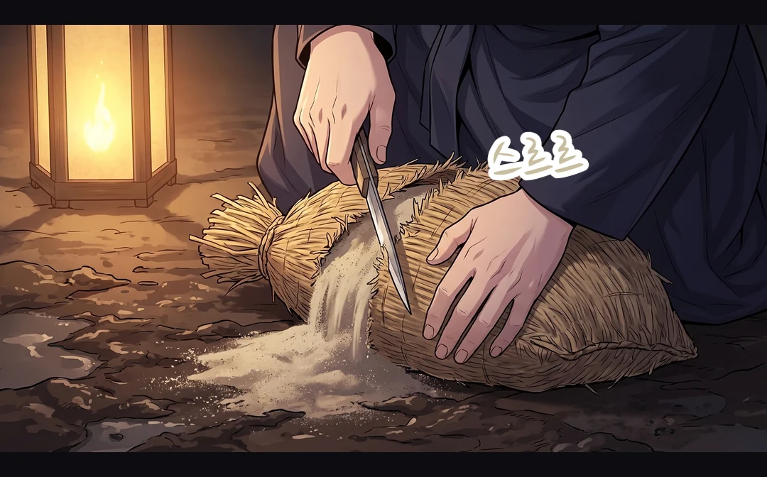 창고지기의 고개가 천천히 들린다. 한쪽 눈만 뜨인다. 그 얼굴에 마지막까지. — 창고지기 "…민 대감 댁 사람들입니다." 살아 있는 증인.