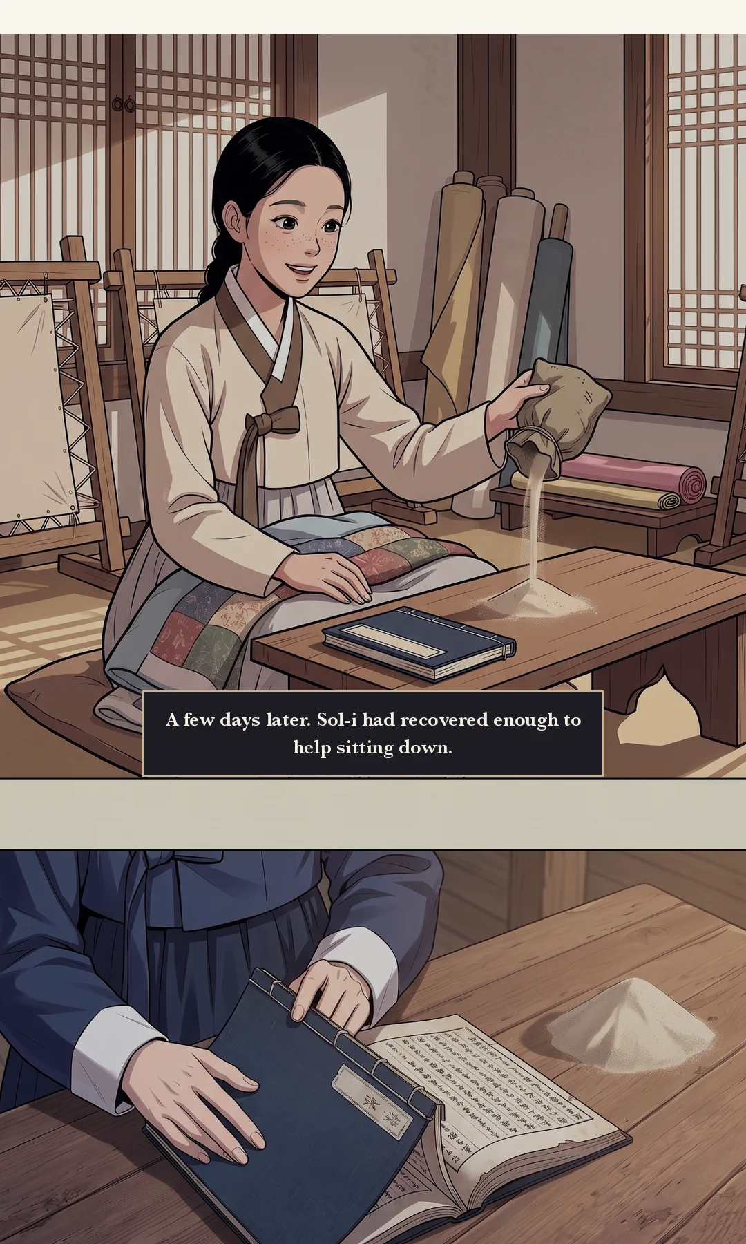 Yeonhwa to Yi Heon. Composed, low — pointing at the paper. / Muyeong rubs the sand between his fingers. A soldier — short and clear. — Yeonhwa: "Rice disappeared in my mother's time too. From this storehouse." Muyeong: "Last month took the same route. They move cargo again tonight."