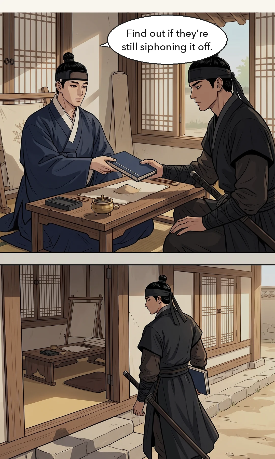 Close on Min Chi-gyeom. At his quietest, and he does not smile. He does not raise his head. — Min Chi-gyeom: "That storehouse keeper's mouth has loosened. Tonight, see that he cannot speak." It was the first episode in which he did not smile. What was frightening was not the smile but the absence of any reaction.