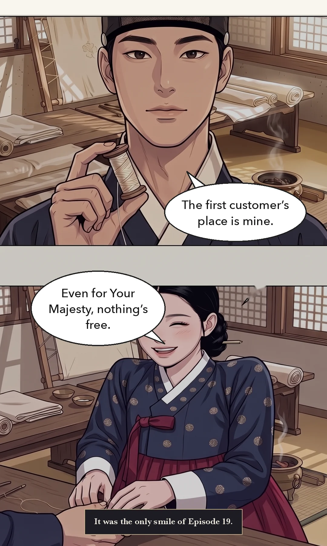 Muyeong sees the body face down on the ground beside the sacks. The face is ruined. A soldier — low, not knowing whether the man is alive. — Muyeong: "Are you alive? Can you speak?"
