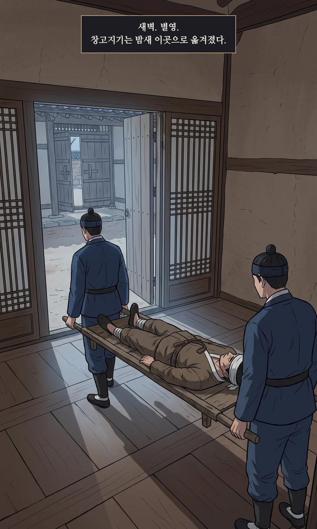 새벽 별영. 들것의 창고지기(머리에 감은 천, 얼굴 돌림)가 옮겨진다. — 새벽. 별영. 창고지기는 밤새 이곳으로 옮겨졌다.