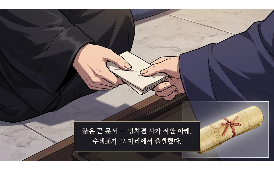 민치겸이 관모를 벗어 상에 놓고 타협을 청한다. 근엄하게 흥정한다 — 턱을 세우고, 웃지 않는다. — 민치겸 "관직을 내놓겠습니다. 집에서 조사받겠습니다."