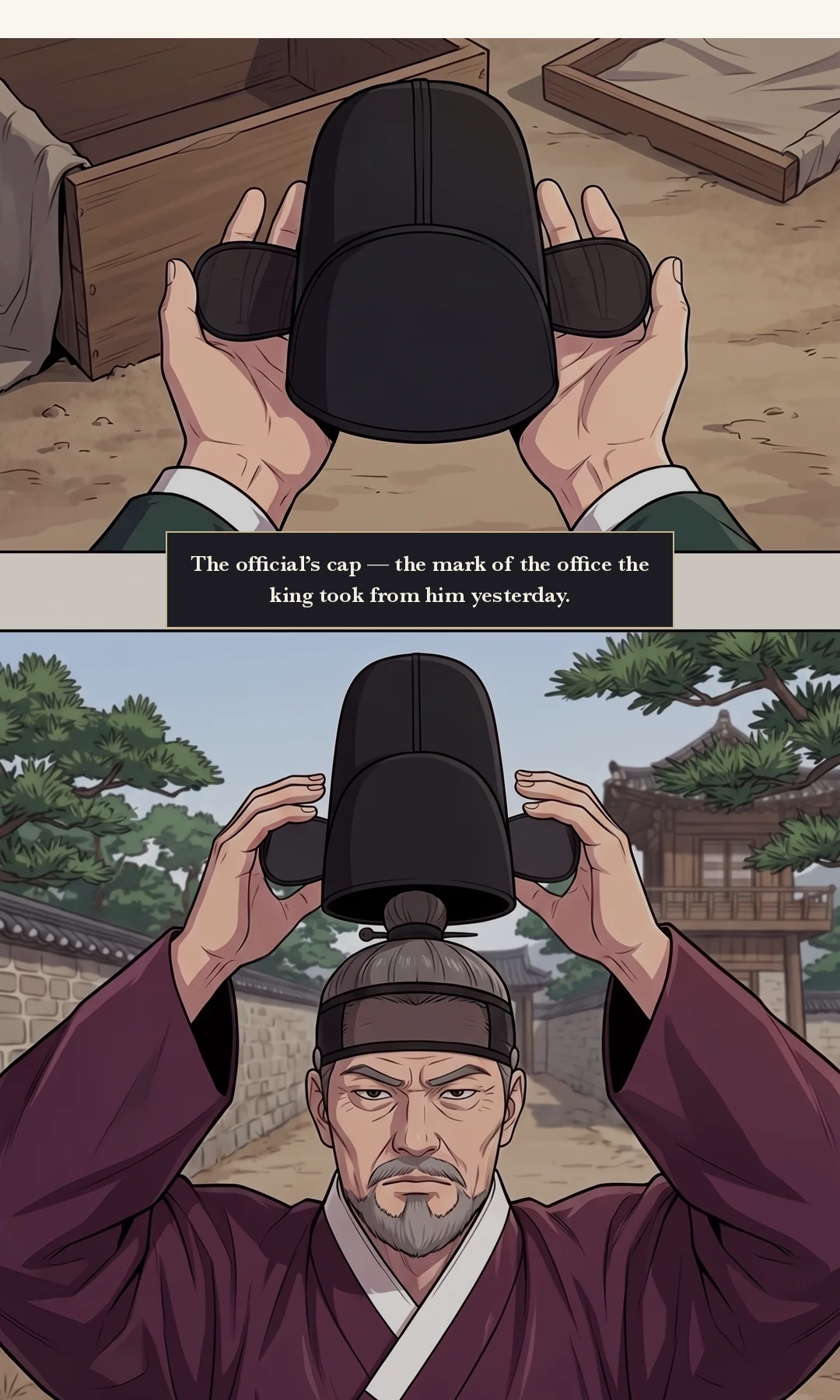 Muyeong looking back toward the gate. A soldier — urgent but clear. / Yeonhwa's face. Not composed — the face of someone who has understood. — Muyeong: "The soldiers have turned! Get to the inner palace!" The inner palace — the living quarters within. The man dragged out by day closed the gates by night.
