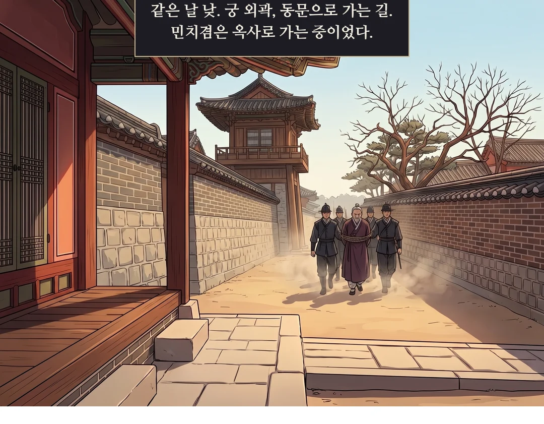 같은 날 낮. 궁 외곽, 동문으로 가는 길. 포박된 민치겸이 별영 병사들에게 호송되고 있다(멀리서). — 같은 날 낮. 궁 외곽, 동문으로 가는 길. 민치겸은 옥사로 가는 중이었다.