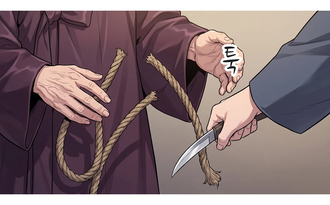 (손) 심복의 손이 민치겸의 손목 줄을 끊는다. — 툭
