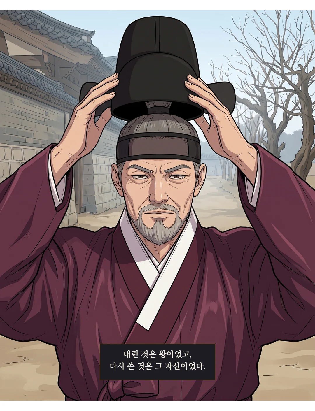 민치겸이 제 손으로 관모를 쓴다. 말 없음 — 턱이 굳어 있다. — 내린 것은 왕이었고, 다시 쓴 것은 그 자신이었다.
