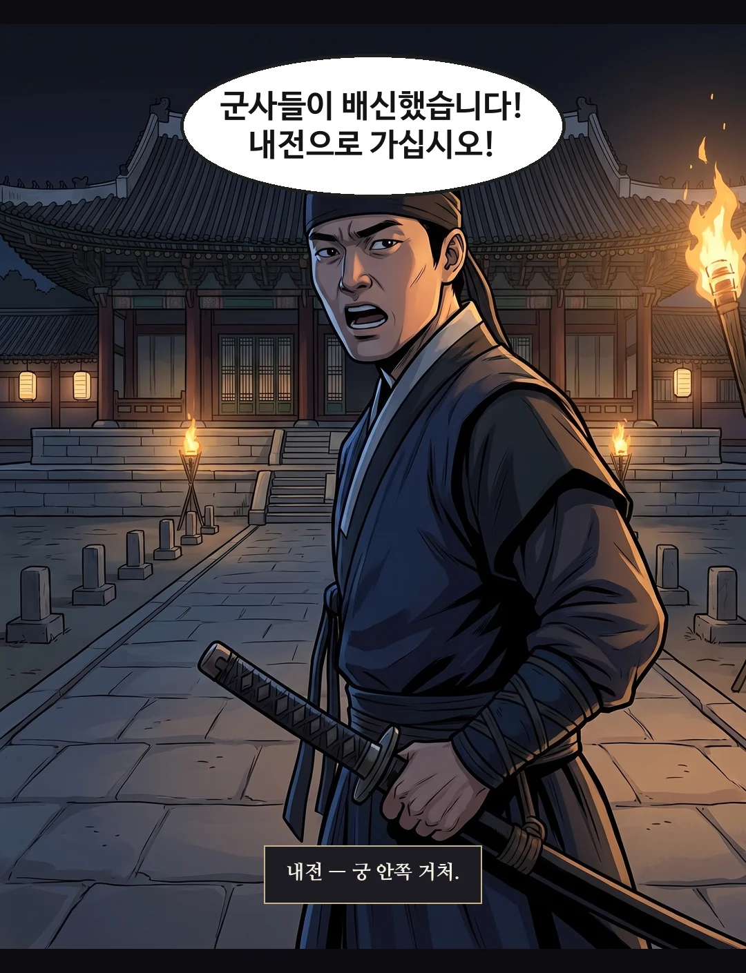 (손) 붉은 용포 소매의 손이 남색 소매의 손목을 잡아 회랑 안쪽으로 이끈다. — 왕과 중전은 궁 안쪽으로.