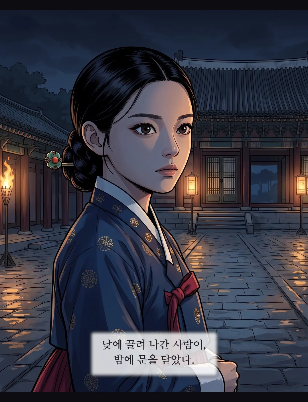 왕 일행이 빠진 외전에 관모를 쓴 민치겸이 들어선다. 반군(뒷모습)이 뒤를 따른다. — 왕이 빠져나간 자리에, 그가 들어섰다.