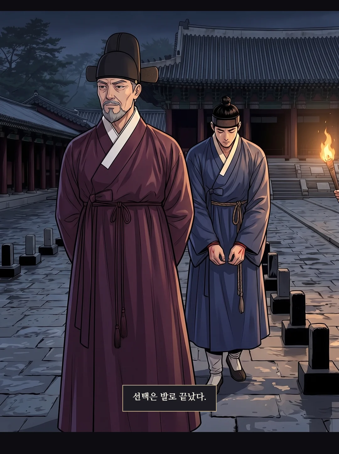 관모를 쓴 민치겸이 둘 앞에 선다. 조용 — 값을 매기는 눈. — 민치겸 "풀어 주마. 쓸모를 보여라."