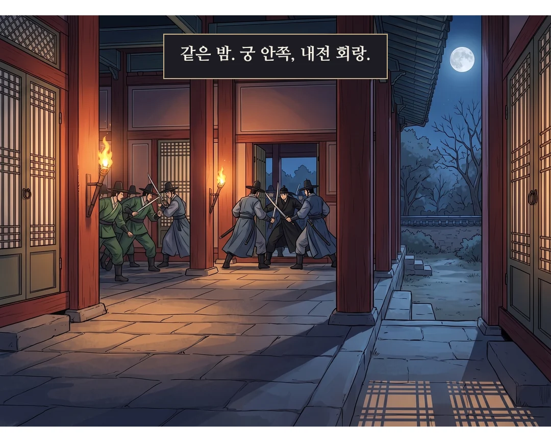 (웹툰 연결) 내전 회랑까지 번진 교전. 뒤쪽 통로는 반군이 막았다. — 같은 밤. 궁 안쪽, 내전 회랑.