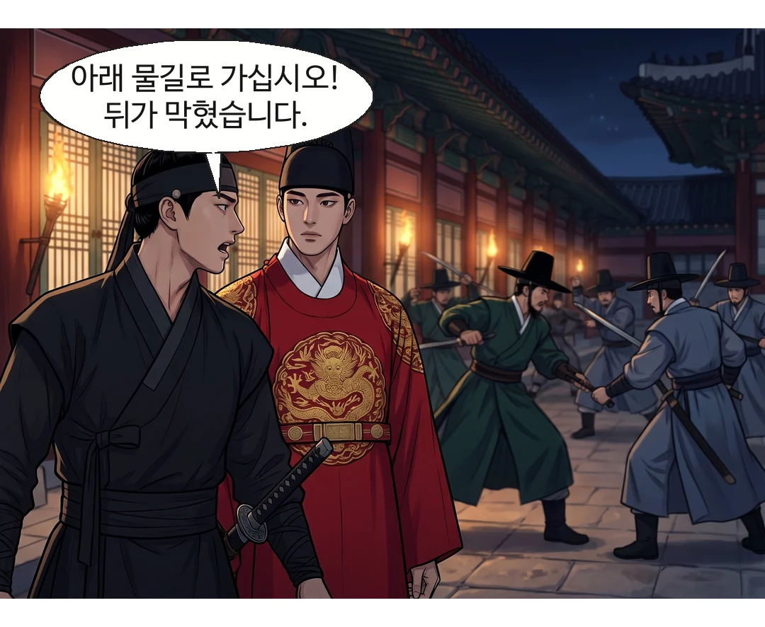 궁 안 회랑. 무영이 왕에게 막힌 뒤편과 아래 물길을 알린다. — 무영 "아래 물길로 가십시오! 뒤가 막혔습니다."