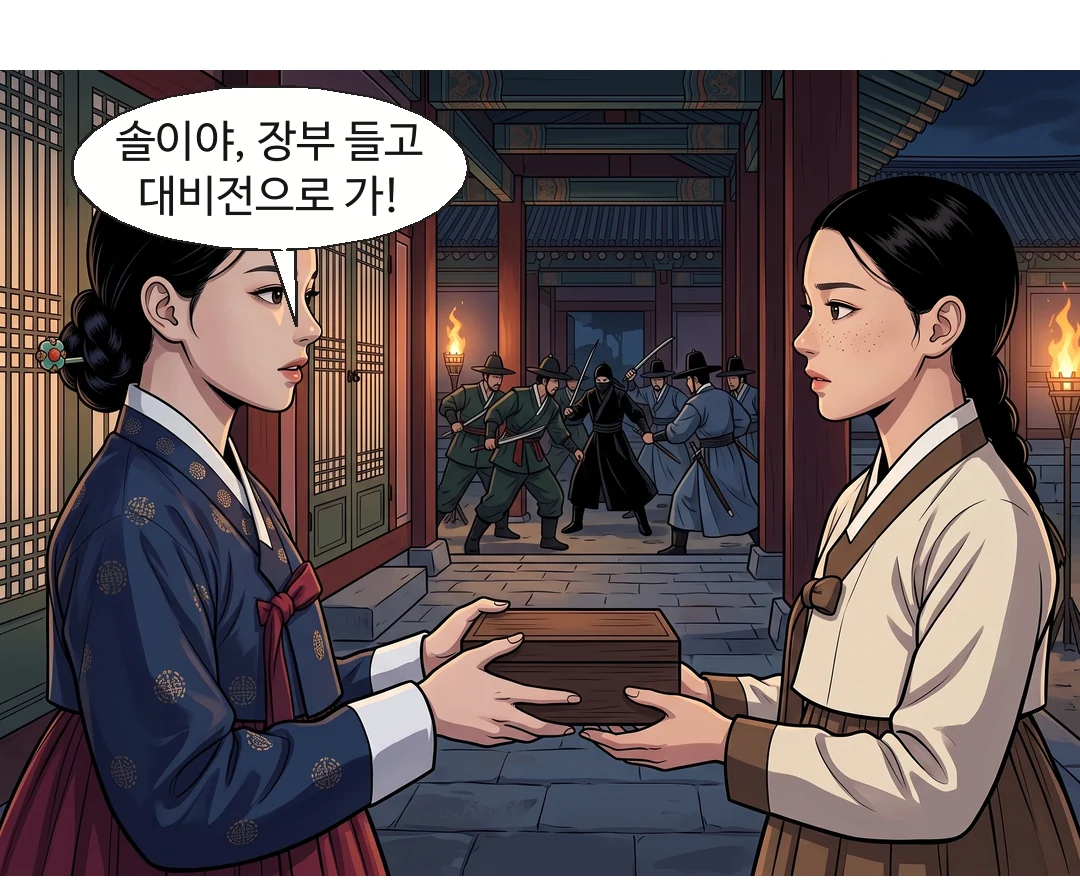 연화가 솔이에게 장부 보관함을 내민다. — 연화 "솔이야, 장부 들고 대비전으로 가!"