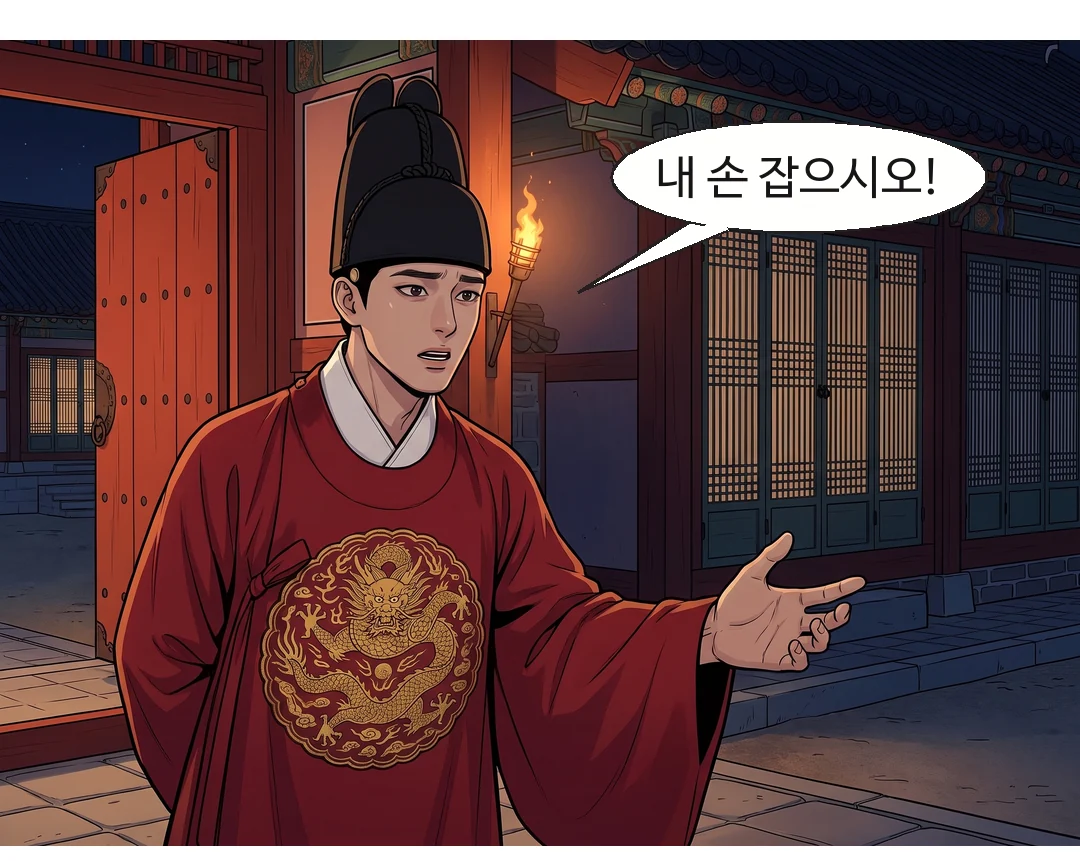 문 밖의 이헌이 문 안의 연화에게 손을 내민다. — 이헌 "내 손 잡으시오!"