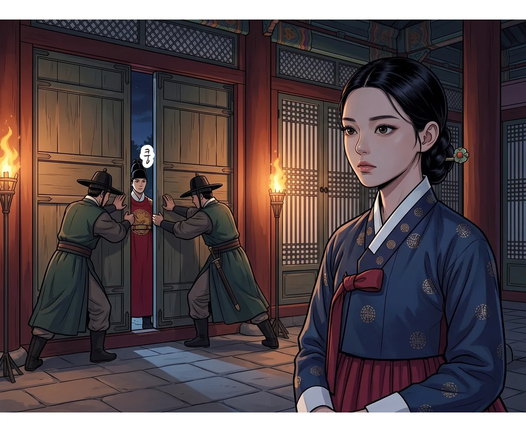 반군이 문을 밀어 닫는다. 연화는 안쪽, 왕은 바깥에 남는다. — 쿵