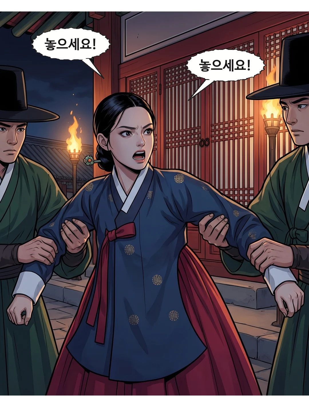 연화가 반군에게 양팔을 붙잡힌 채 저항한다. — 연화 "놓으세요!" 연화 "놓으세요!"