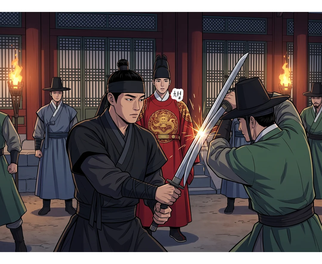 문 밖 무영이 왕 앞을 가로막아 반군의 칼을 받아낸다. — 챙