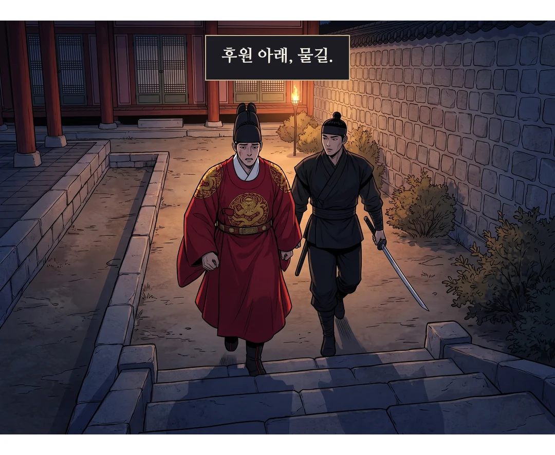 왕과 무영이 궁 후원 물길로 내려간다. — 후원 아래, 물길.
