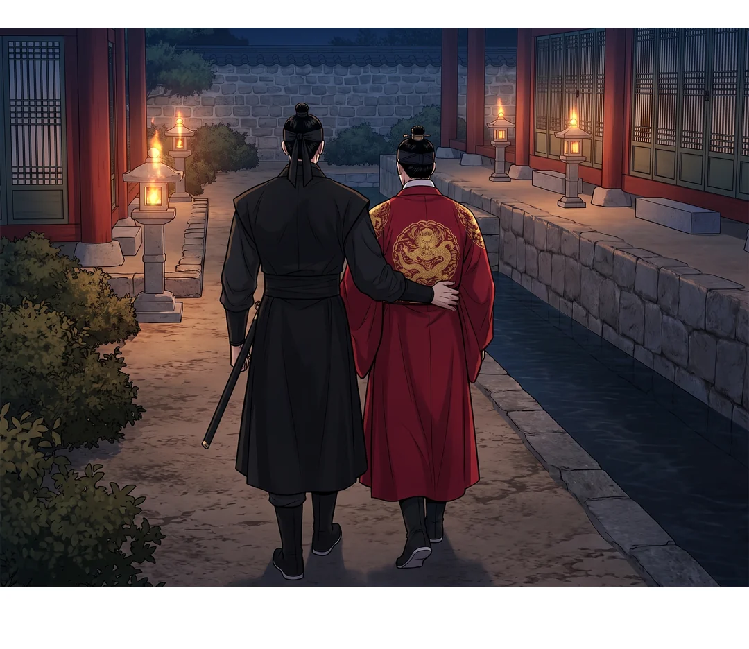 왕은 무영의 부축을 받아 물길 옆 길로 살아서 빠져나간다.