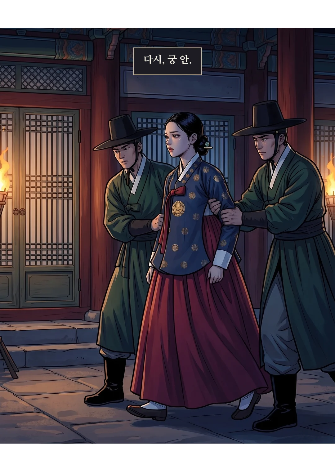 궁 안. 연화는 반군에게 붙잡혀 회랑으로 끌려간다. — 다시, 궁 안.