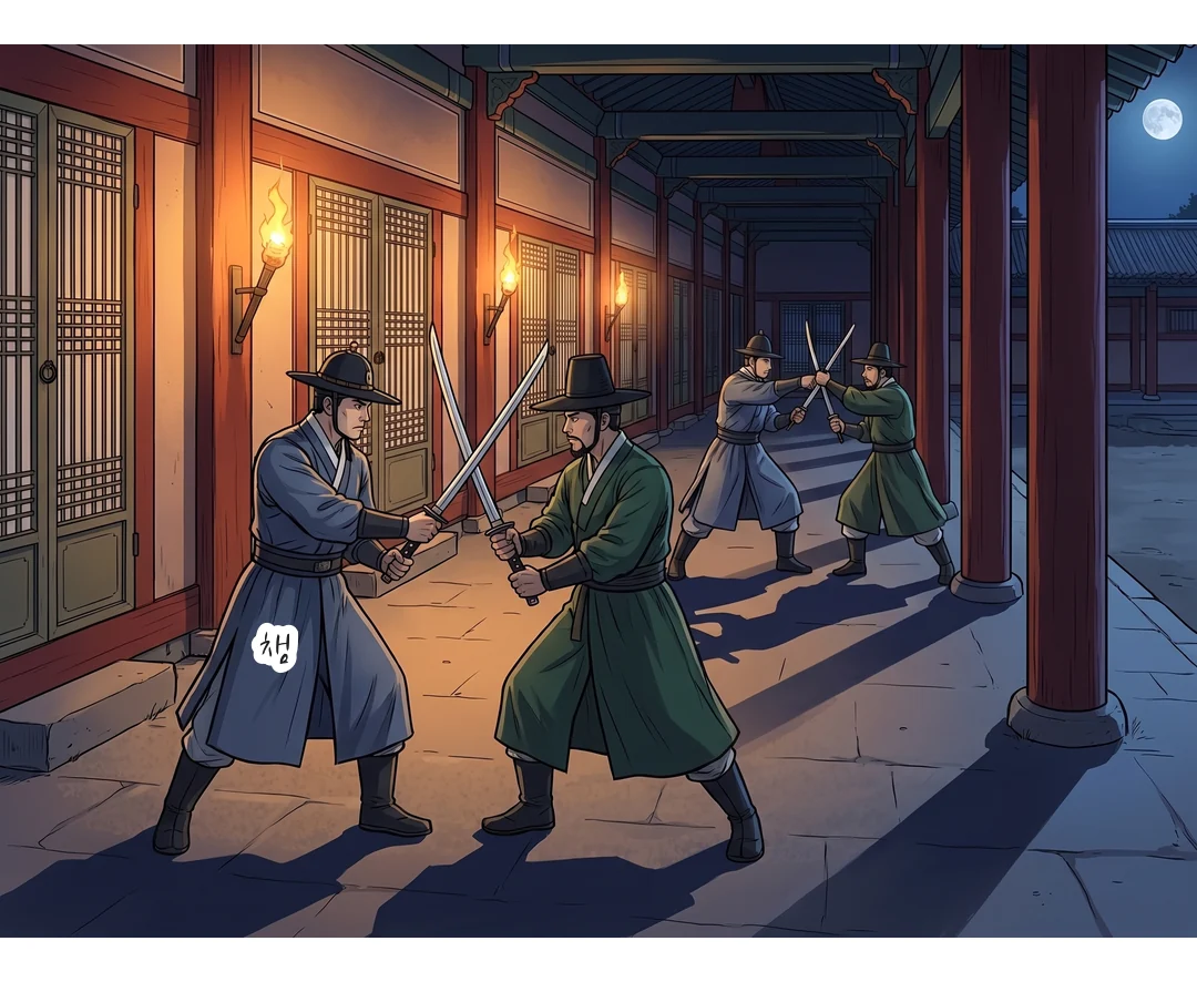 궁 안 여러 곳에서 호위와 반군의 교전이 이어진다. — 챙