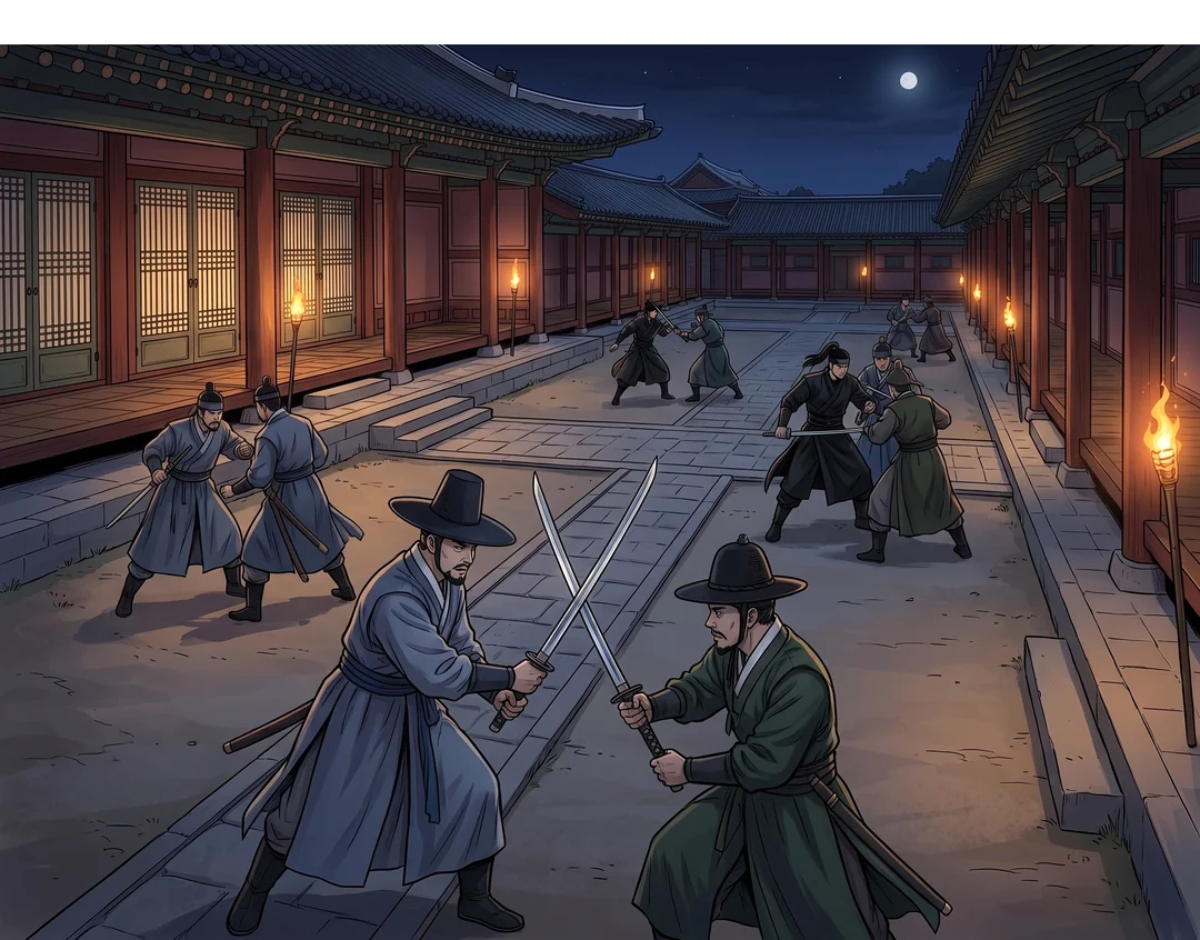 회랑 깊숙이까지 전투가 번져 있다.
