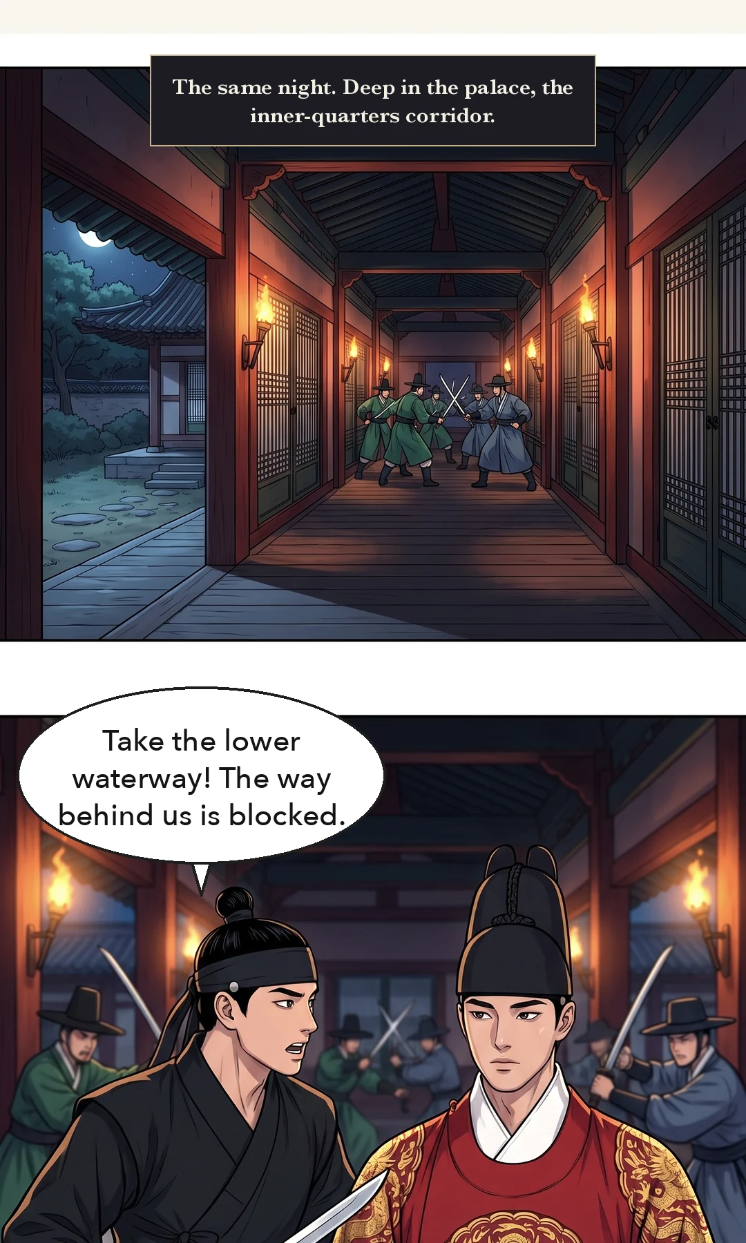 Muyeong's spinning cut meets a rebel's spear shaft and snaps it. / After the spin, close fighting on the ground. Muyeong pushes the rebels back and opens the way out. — crack clang