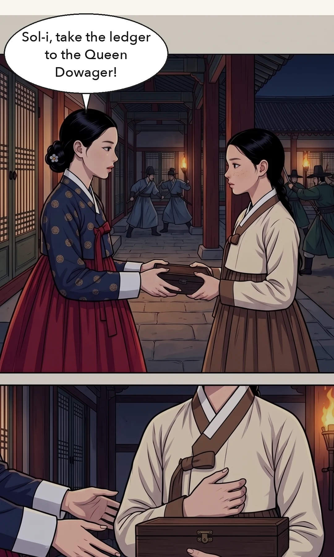 The rebels push the door shut. Yeonhwa is inside, the king outside. / Inside the closed door the rebels drop a bar across it. — boom clack