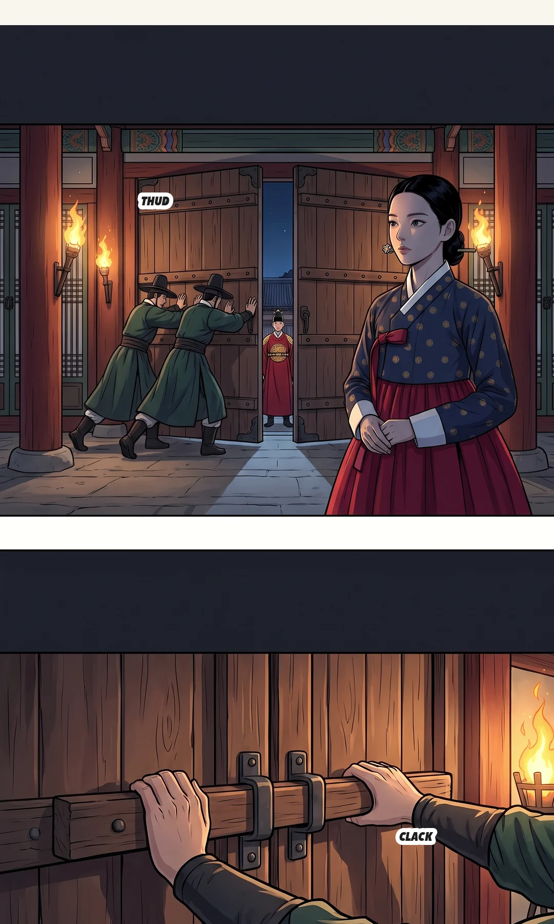 (webtoon bridge) The king's face on the ground. His eyes are open and he is breathing hard. / Muyeong lifts the living king up off the ground.