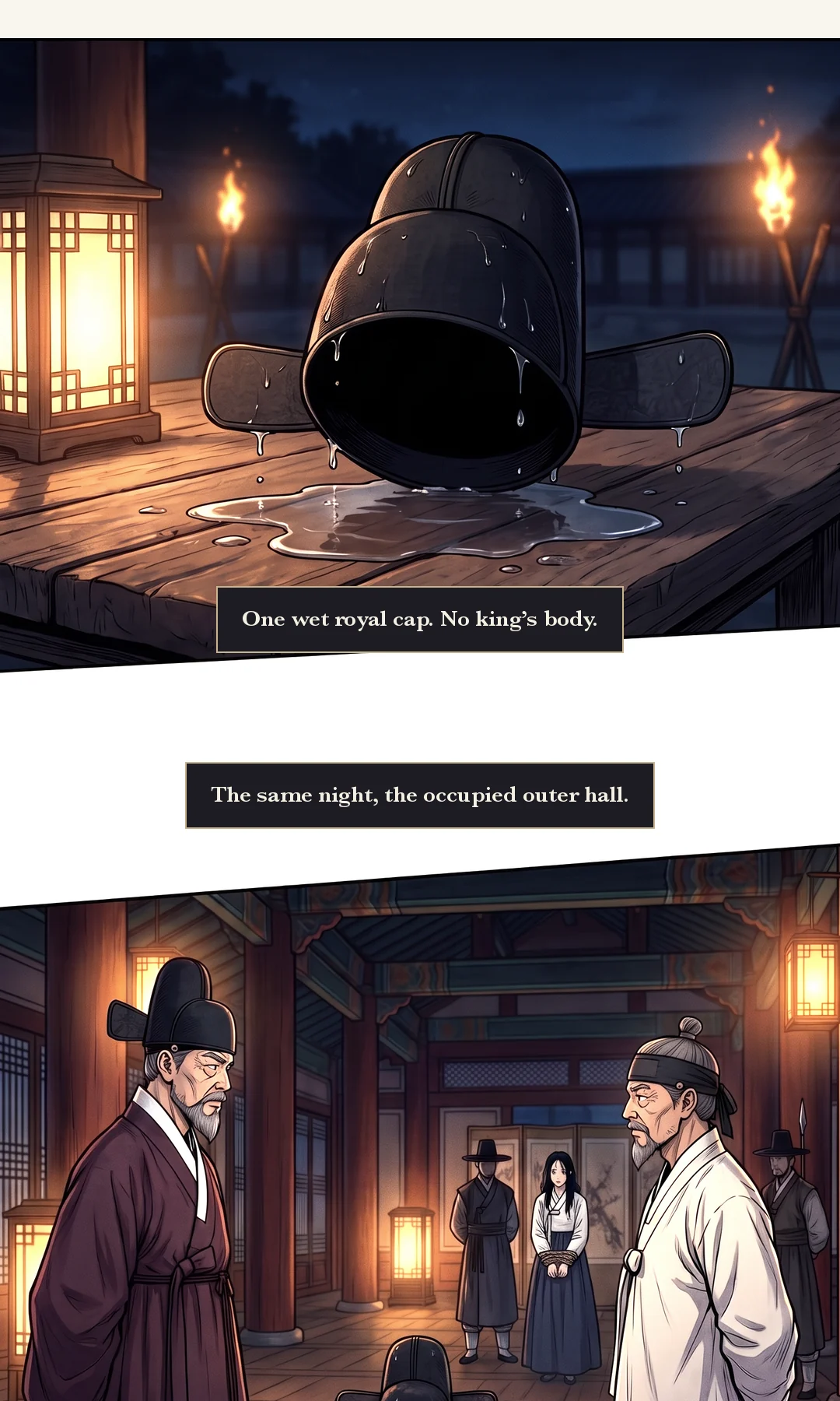 Min Chi-gyeom orders Taesik to give false testimony. / A blank testimony sheet is laid in front of Taesik. — Min Chi-gyeom: "The king is dead. Write that your daughter lured him to the watercourse."