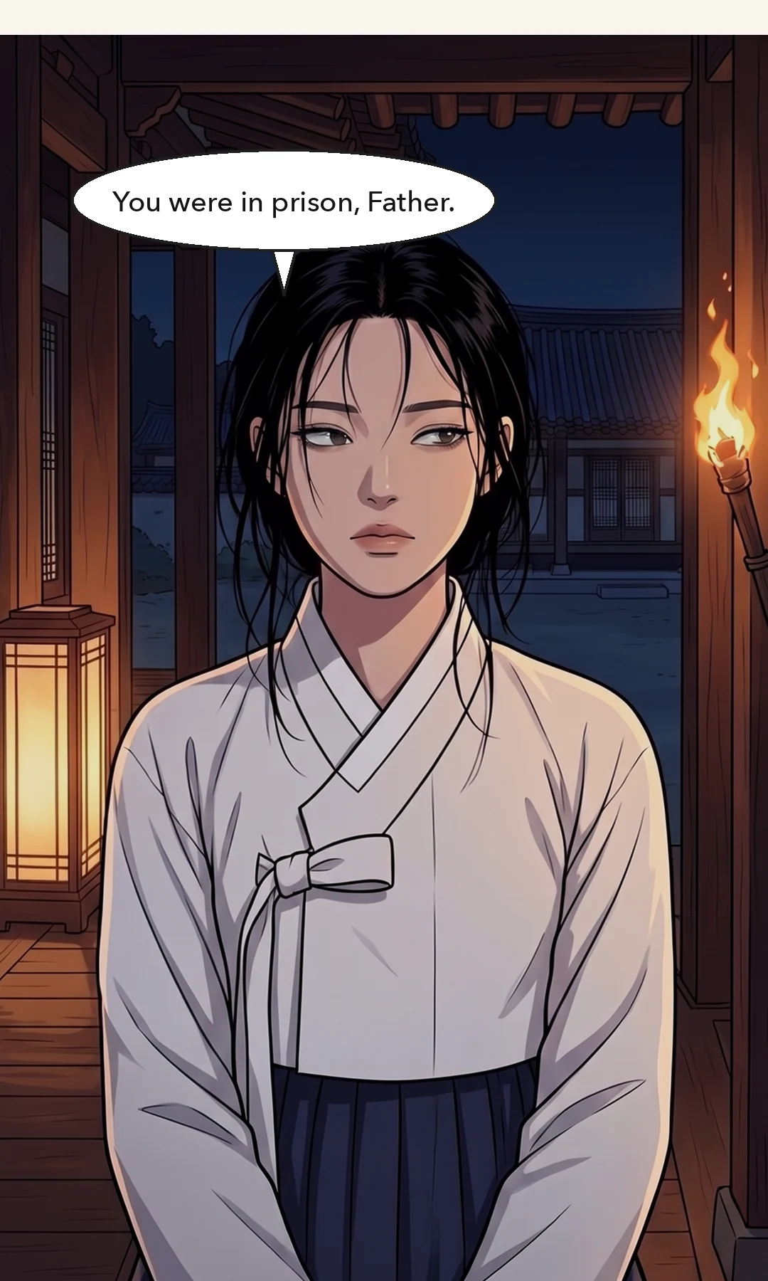 A cell outside the palace; a jailer stands by the open door. / The jailer unties the cord on Yeonhwa's front hands so she can write. — A cell outside the palace. The door stood open. a soft slide