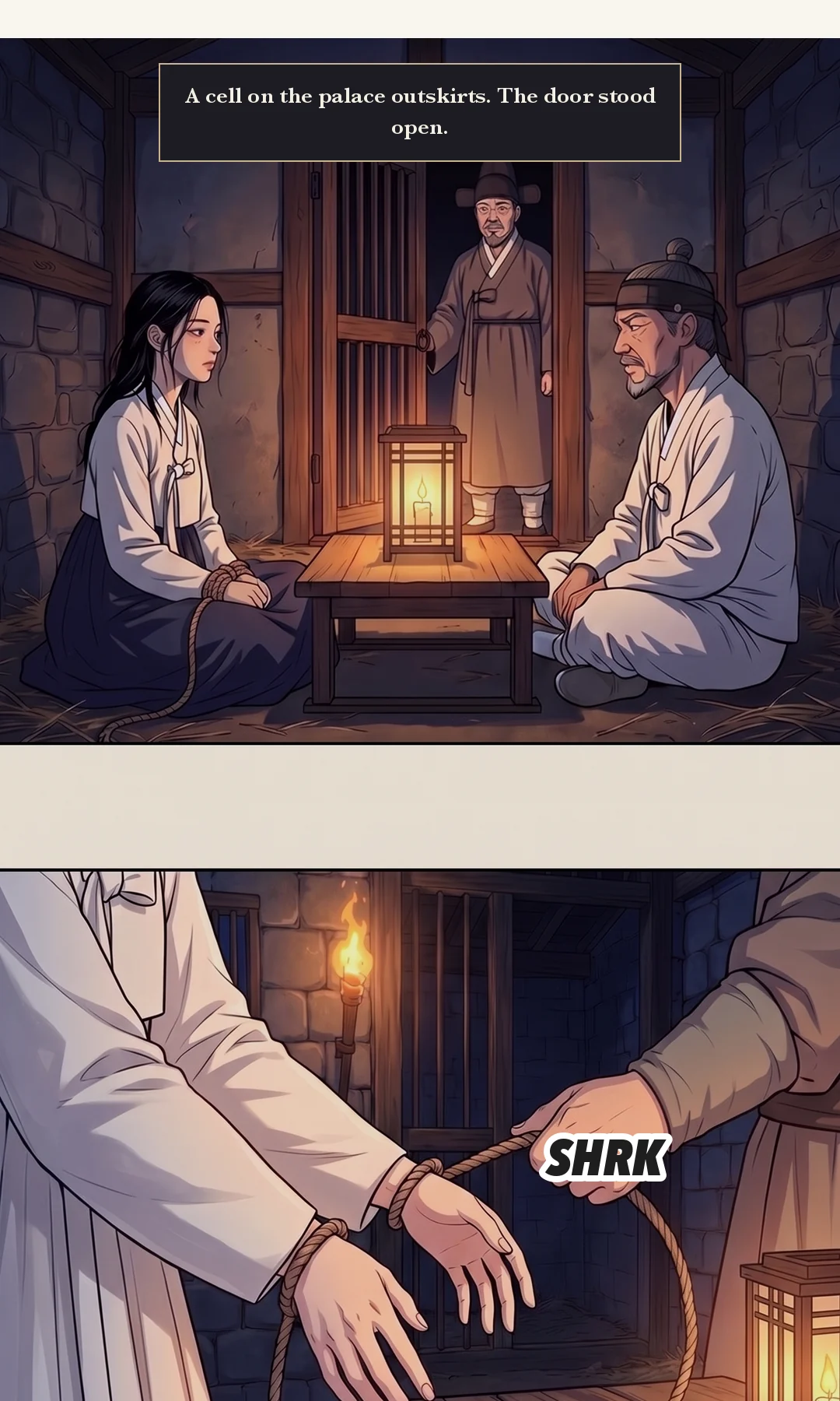 Looking into her father's eyes, Yeonhwa turns the paper toward the jailer. / Yeonhwa asks the jailer to record what he has just heard. — Yeonhwa: "Write down exactly what you just heard."