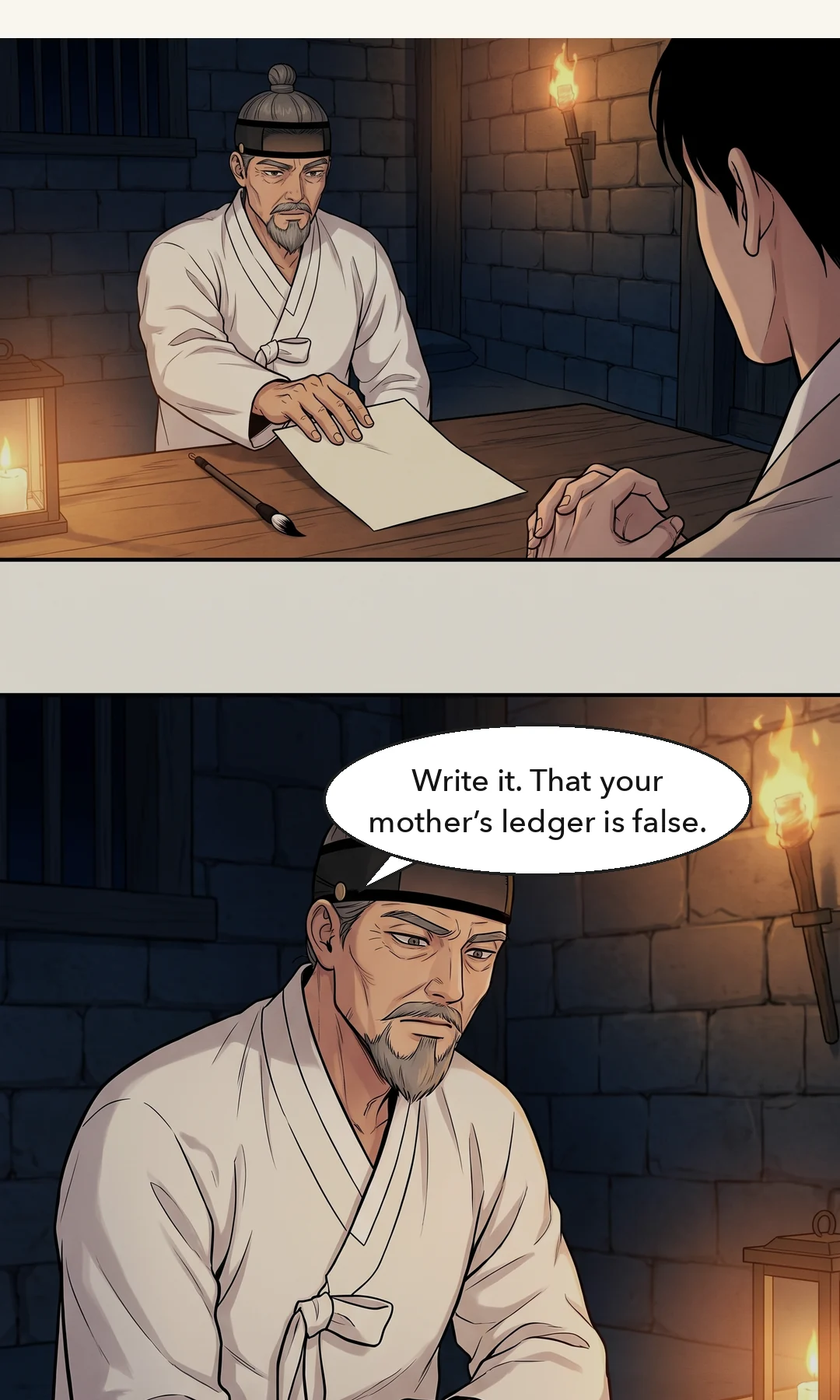 The jailer looks straight at Taesik with the brush in his hand. — Jailer: "I heard it."