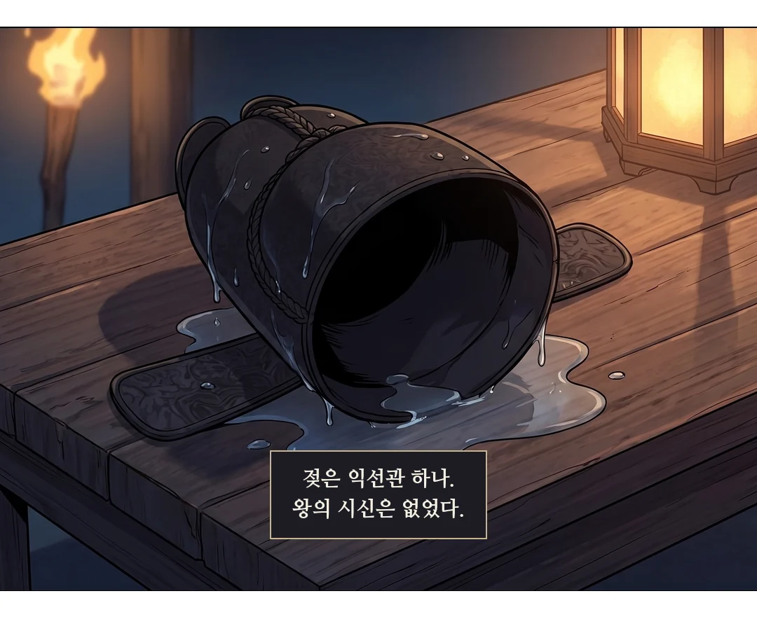 젖은 익선관. 안쪽은 비어 있다. — 젖은 익선관 하나. 왕의 시신은 없었다.