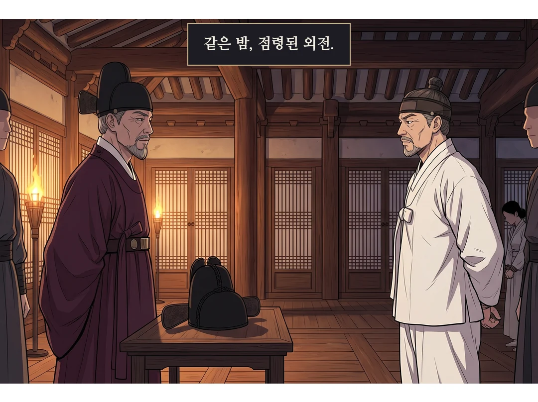 점령된 외전 실내. 민치겸이 관을 두고 태식을 내려다본다. — 같은 밤, 점령된 외전.