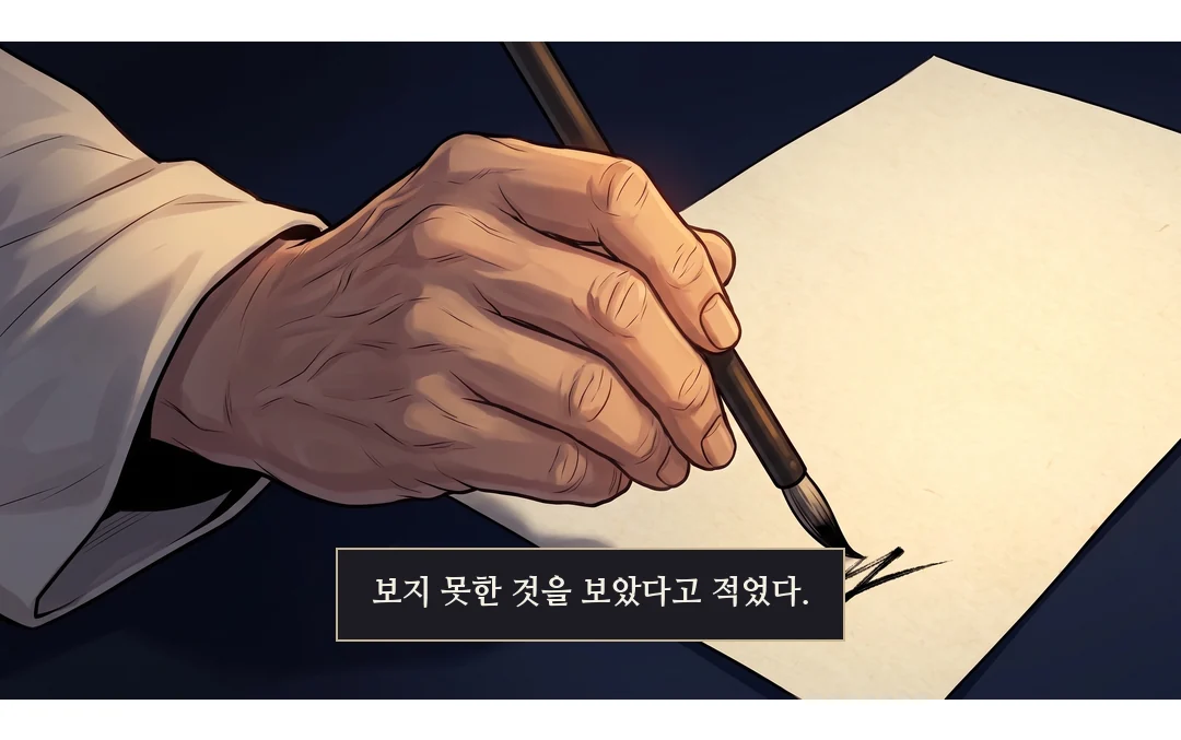 태식이 종이 아래 수결한다. — 보지 못한 것을 보았다고 적었다.