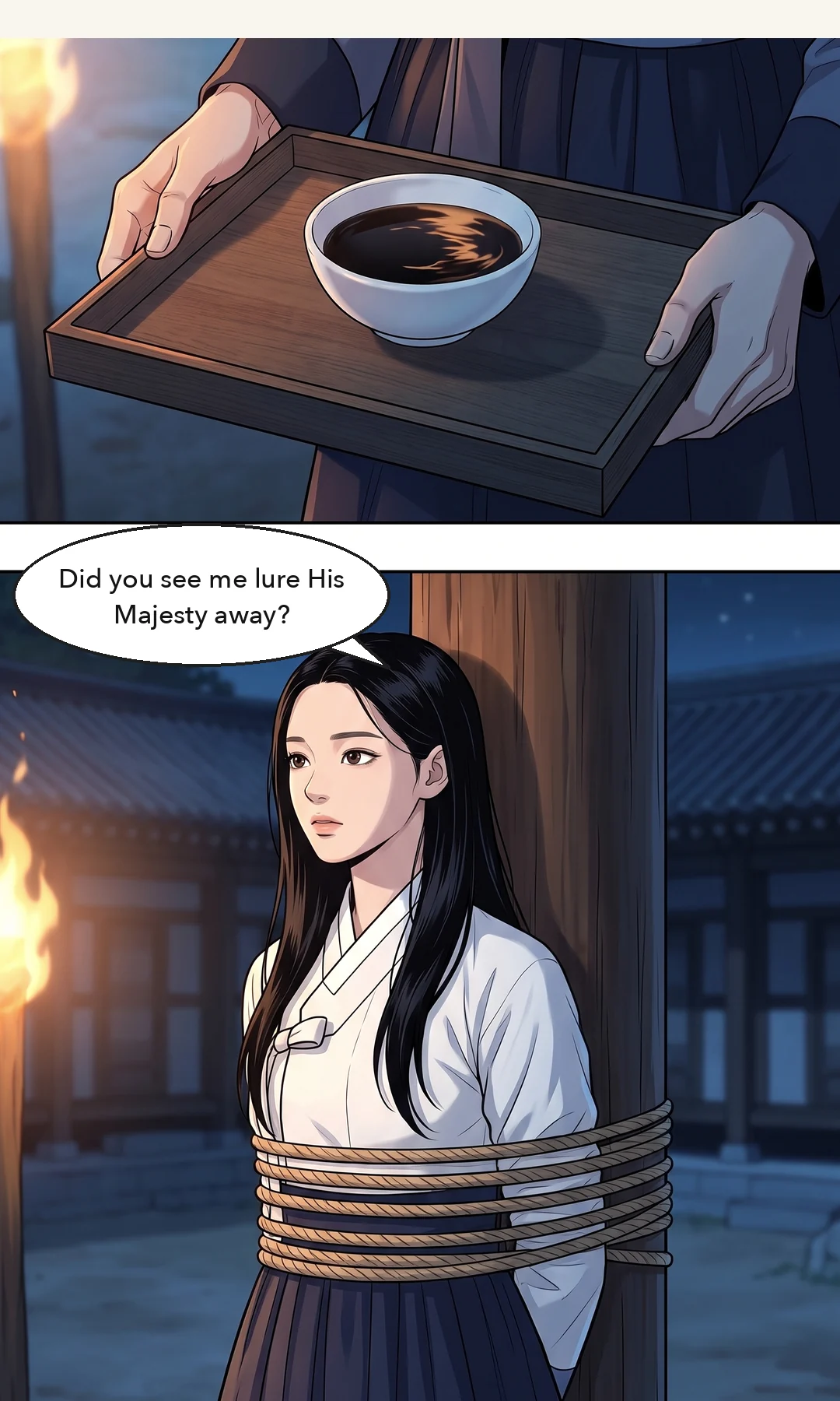 Doyun comes closer with the cup; Yeonhwa's wrists are bound behind her. — tight